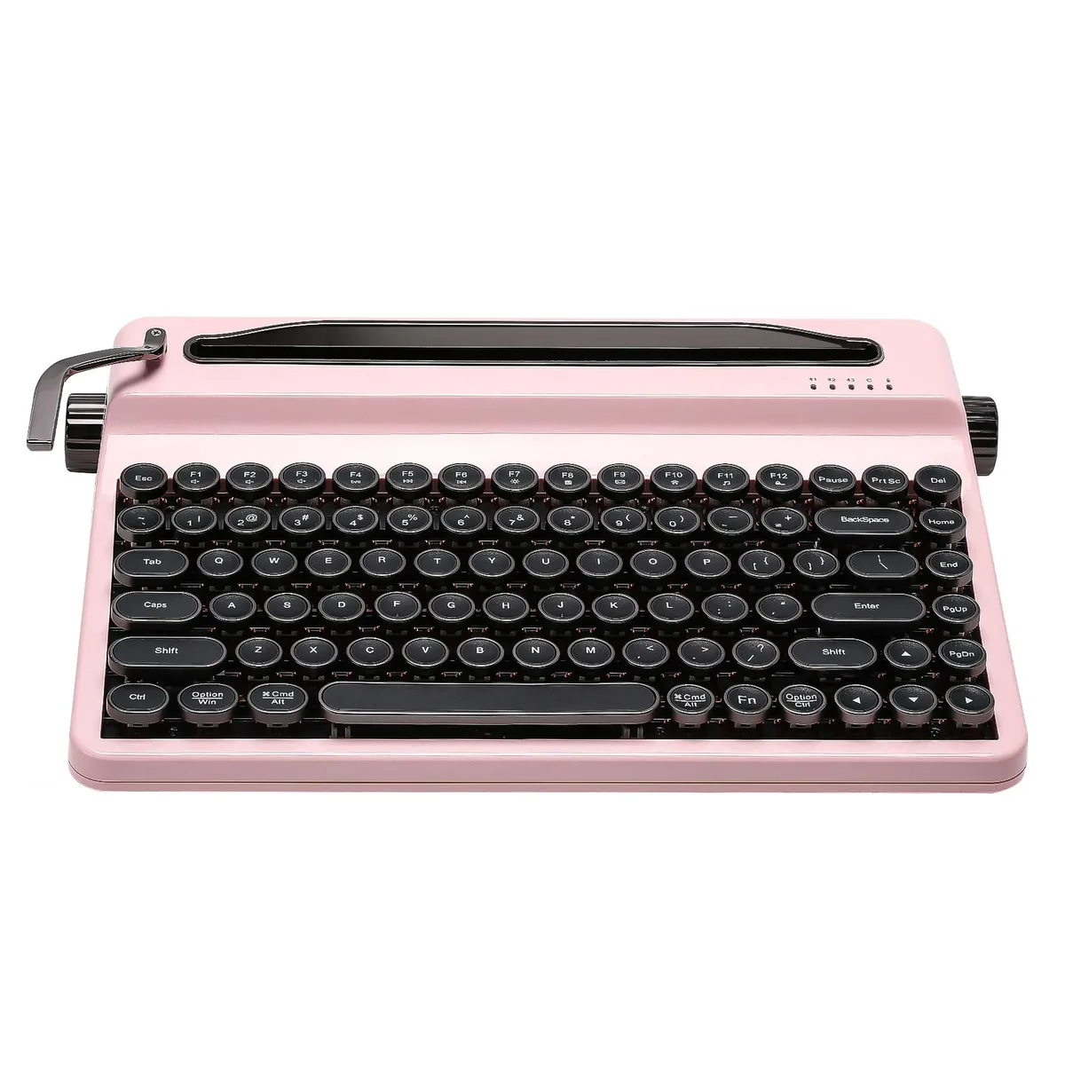 Pink 75% wireless mechanical keyboard with round chrome keycaps and built-in stand