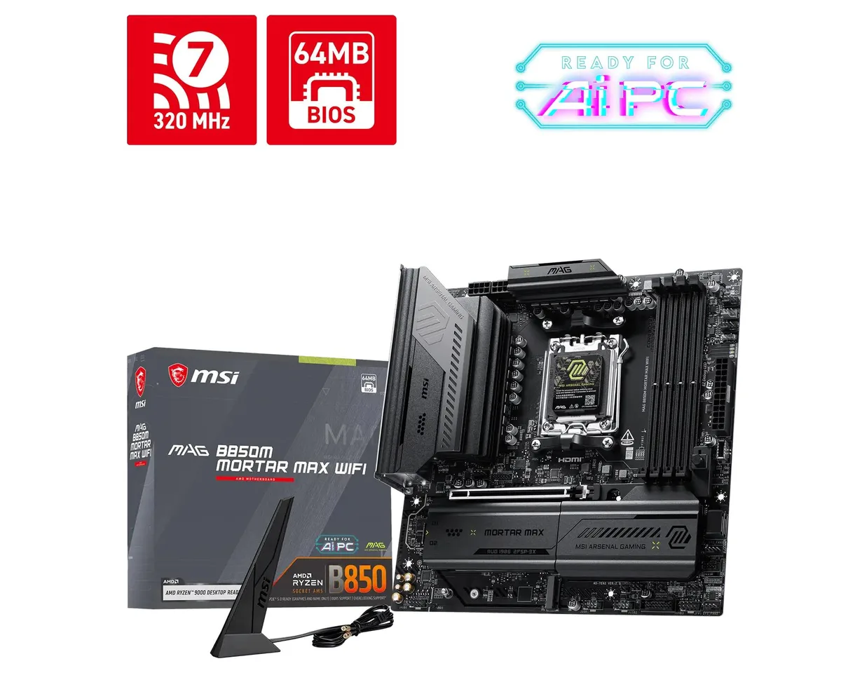 Micro-ATX board with dark grey heatsinks and silver AM5 socket