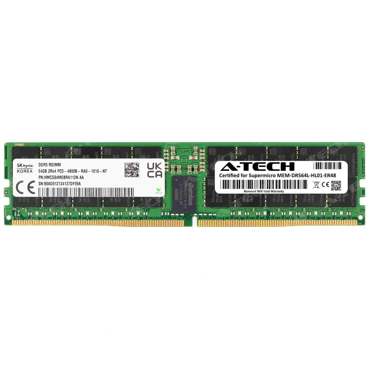 Green rectangular DDR5 RDIMM module with black chips and gold edge contacts