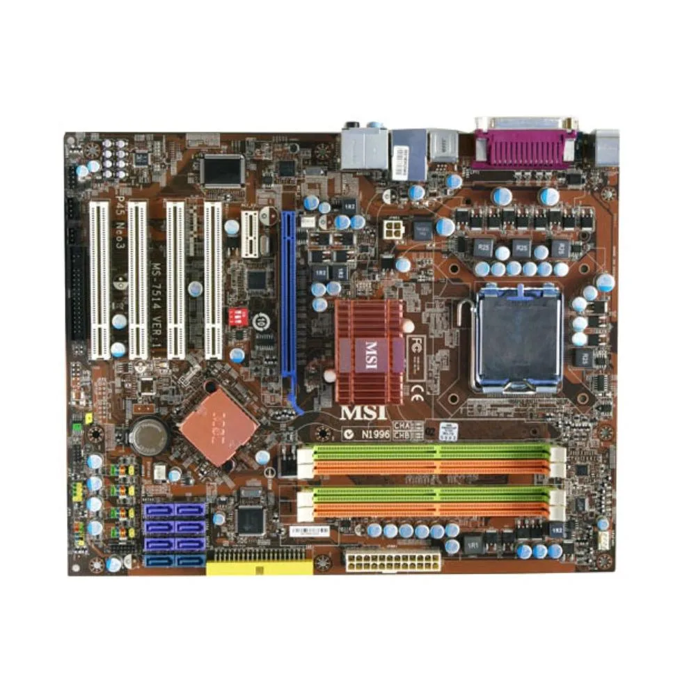 MSI P45 NEO3-F(LV) Micro ATX motherboard in dark finish with silver heatsinks