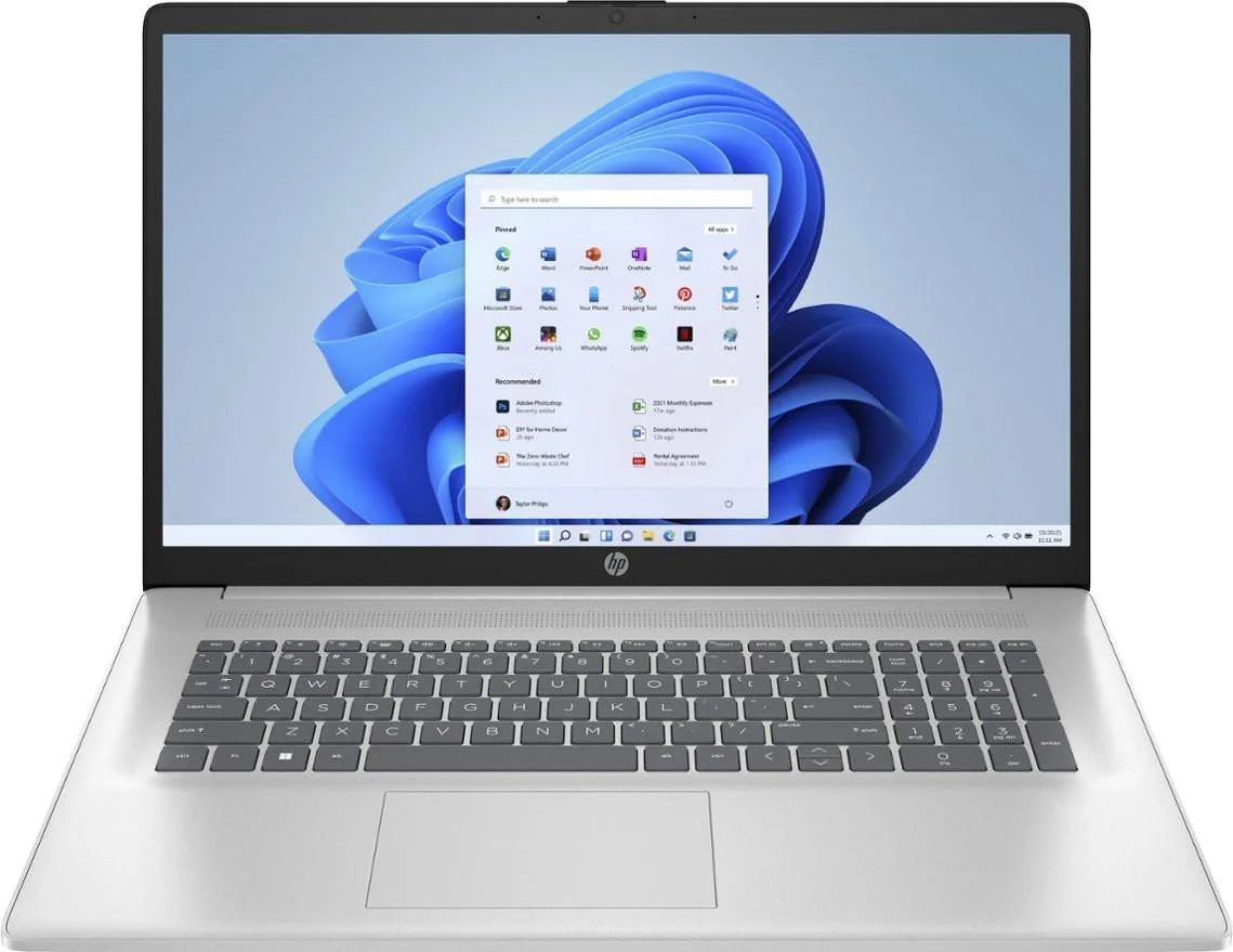 Silver 17.3 inch laptop with anti-glare display, slim profile and privacy webcam