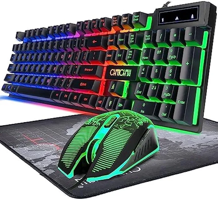 Wired gaming keyboard and mouse combo with rainbow backlighting