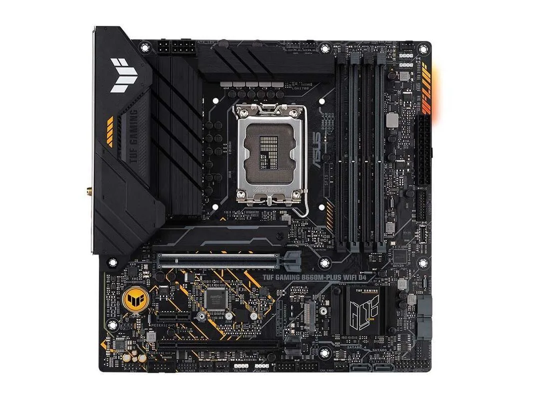 Micro ATX board dark grey heatsinks LGA 1700 socket four DDR4 slots