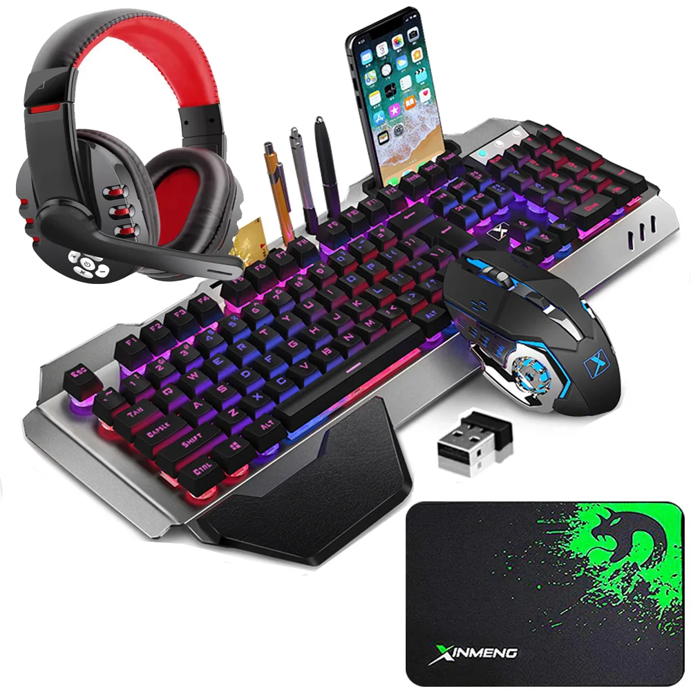 Black wireless gaming kit: full-size keyboard with brushed metal panel and detachable palm rest, right-handed mouse
