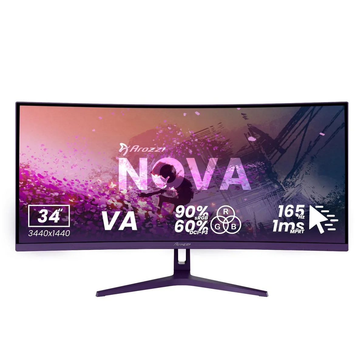 Purple 34 inch curved ultrawide gaming monitor with slim bezels and RGB ring