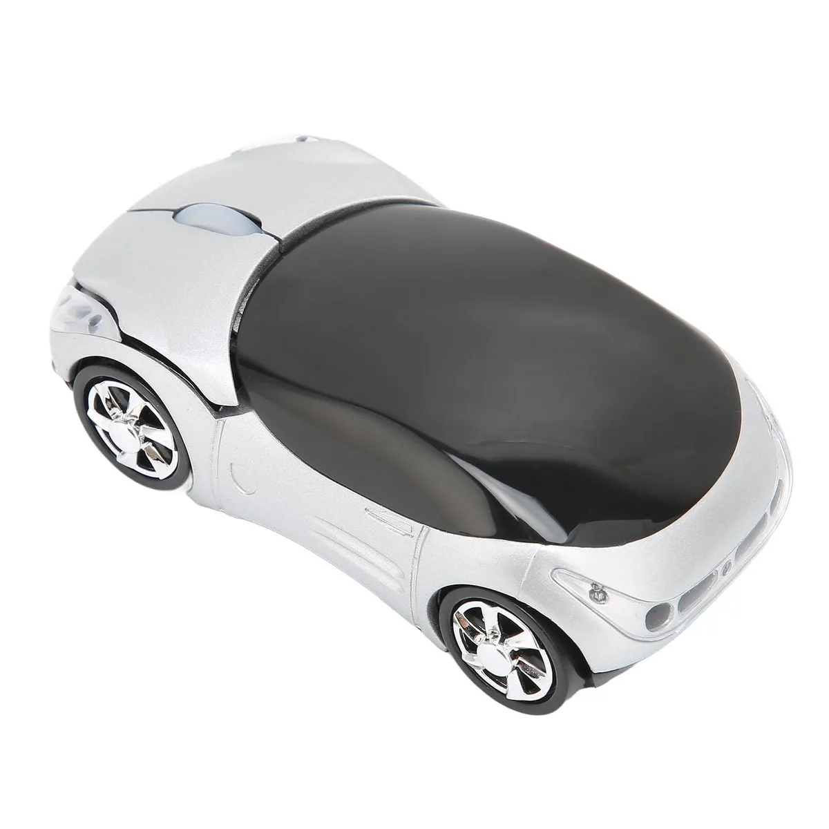 Silver wireless mouse shaped like a sports car with three buttons