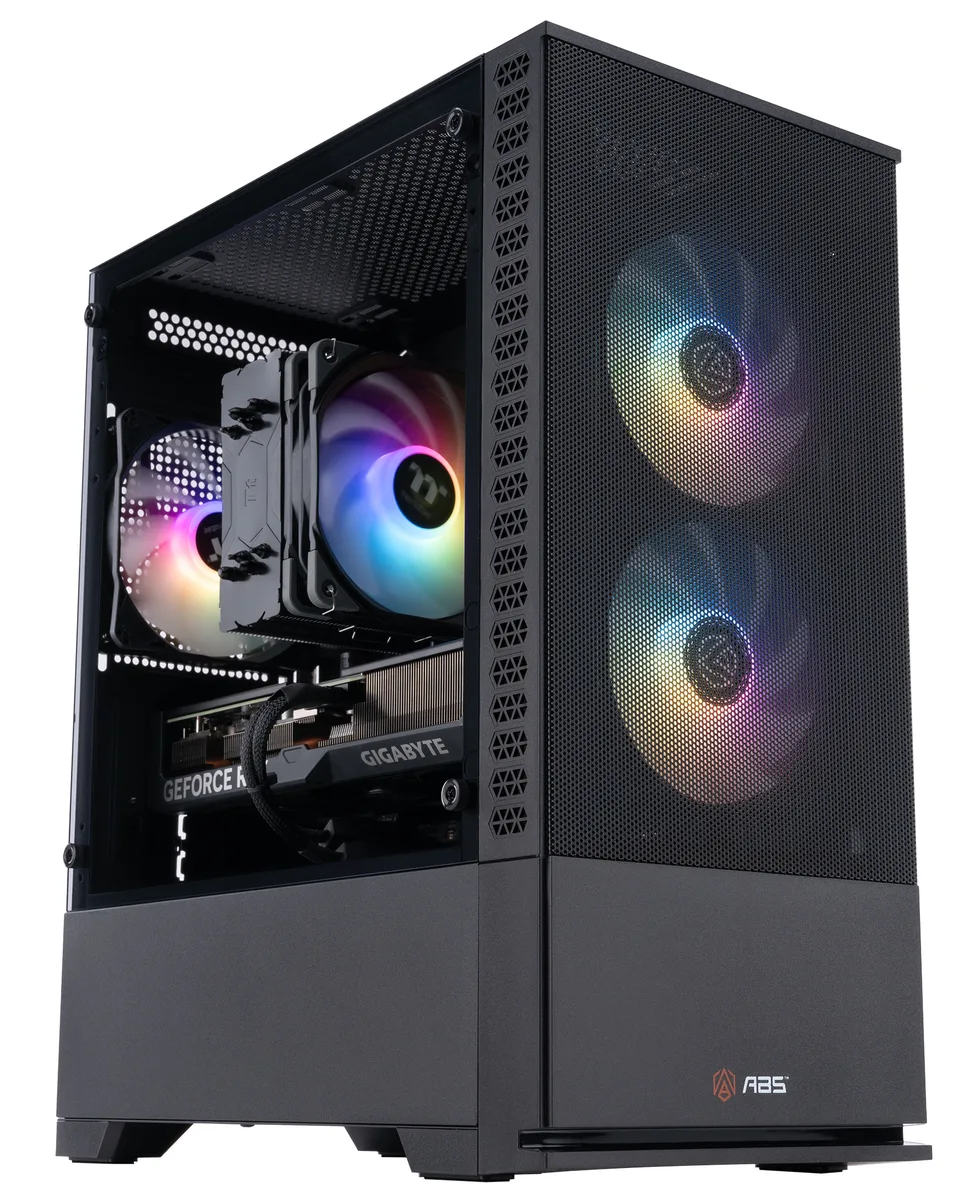 Black micro-tower gaming PC with RGB-lit CPU cooler and three-fan graphics card