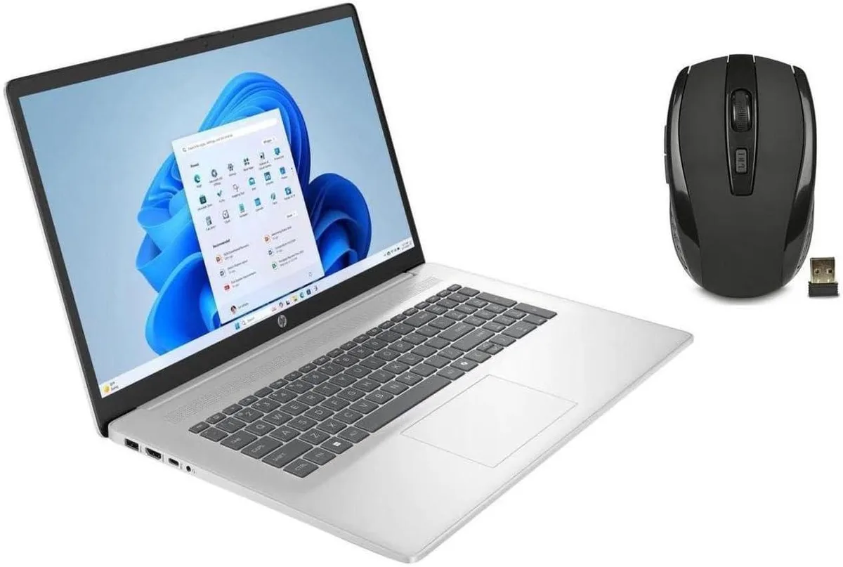 Silver 17.3 inch touchscreen laptop with flat keyboard deck and slim screen bezels