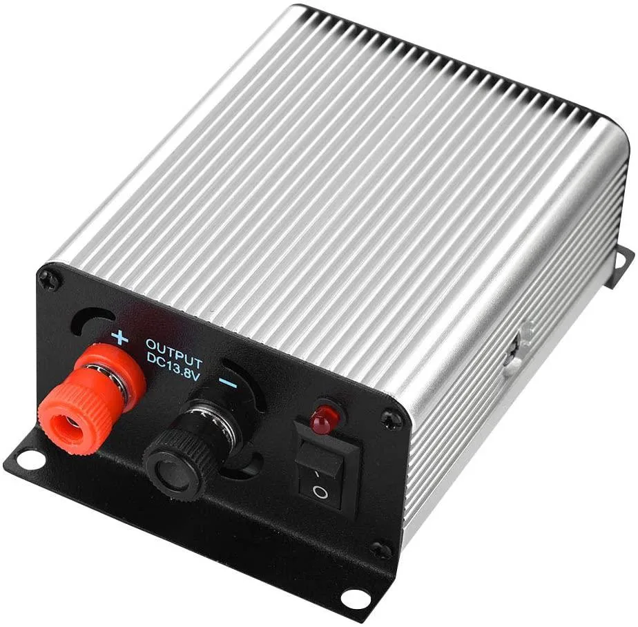 Silver metal rectangular power supply with DC input and output terminals