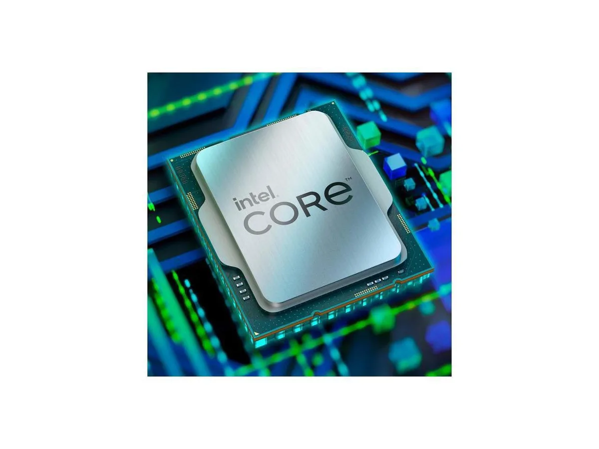A small square green processor with gold contacts and a silver heat spreader labeled Intel Core i3 12100