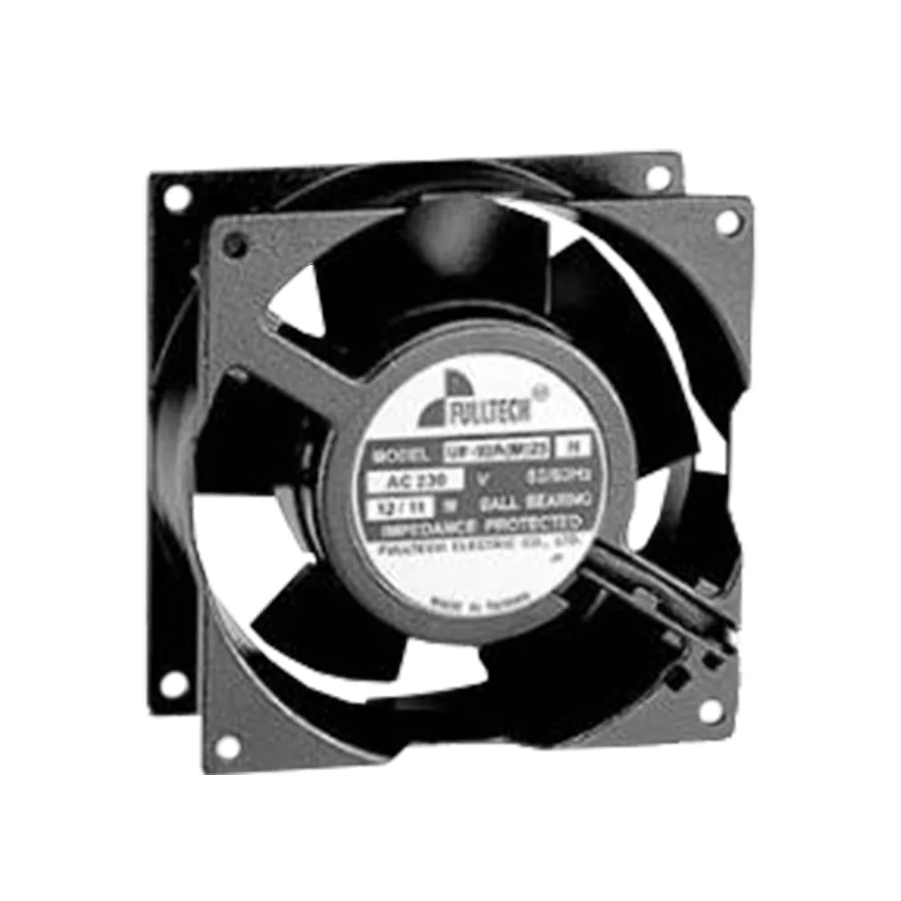 Square 92 mm metal fan in black iron frame, 38 mm thick, double ball bearing, 230 V AC power leads visible