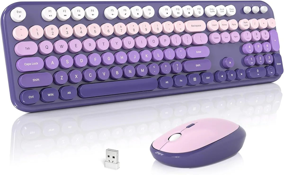 Purple gradient wireless keyboard and mouse combo with round retro keycaps