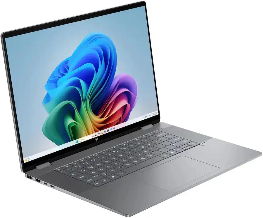 Silver convertible laptop with 16 inch touchscreen and flexible hinge