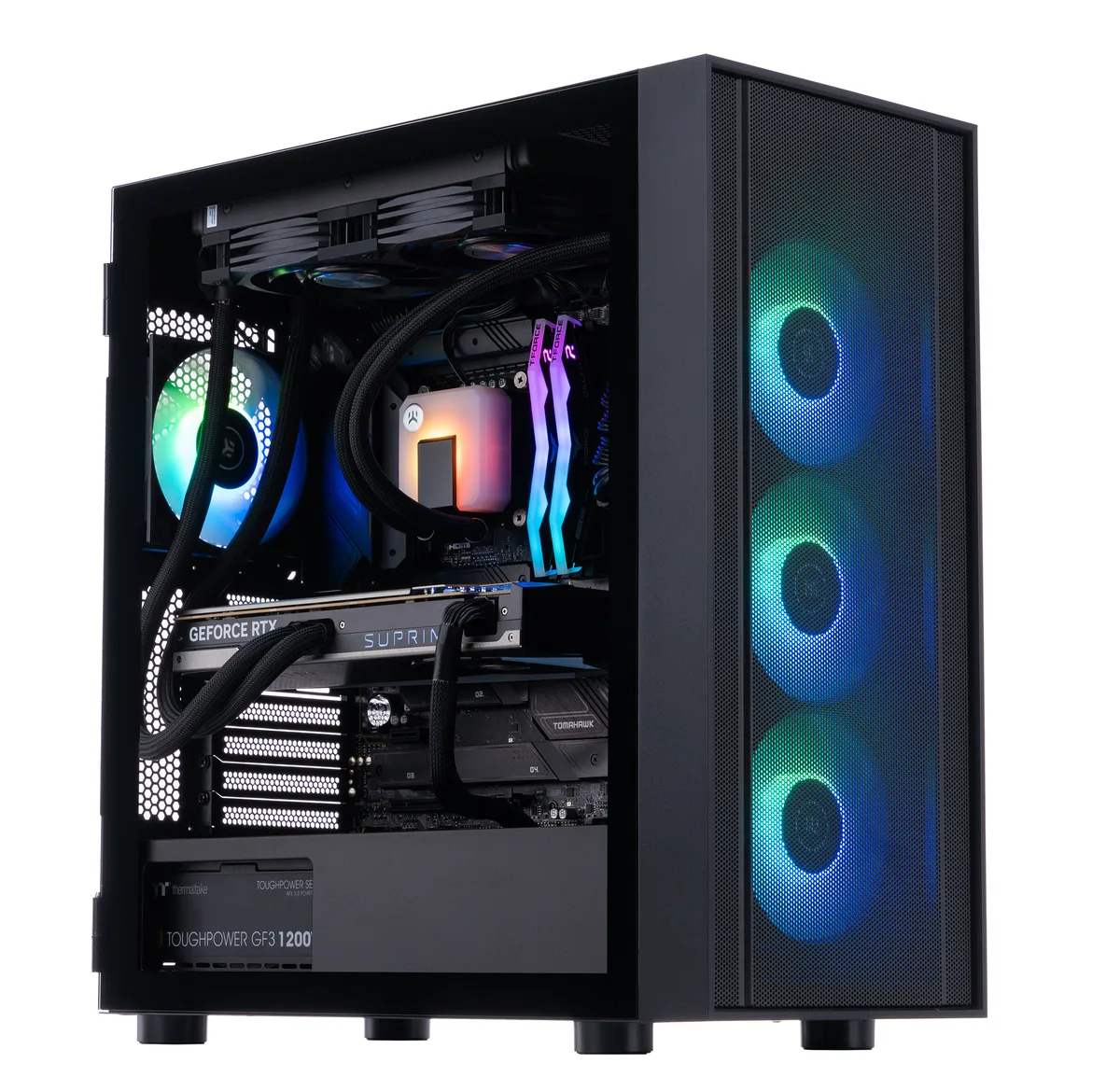 ABS Eurus Aqua gaming desktop in a dark mid-tower case with liquid cooling visible