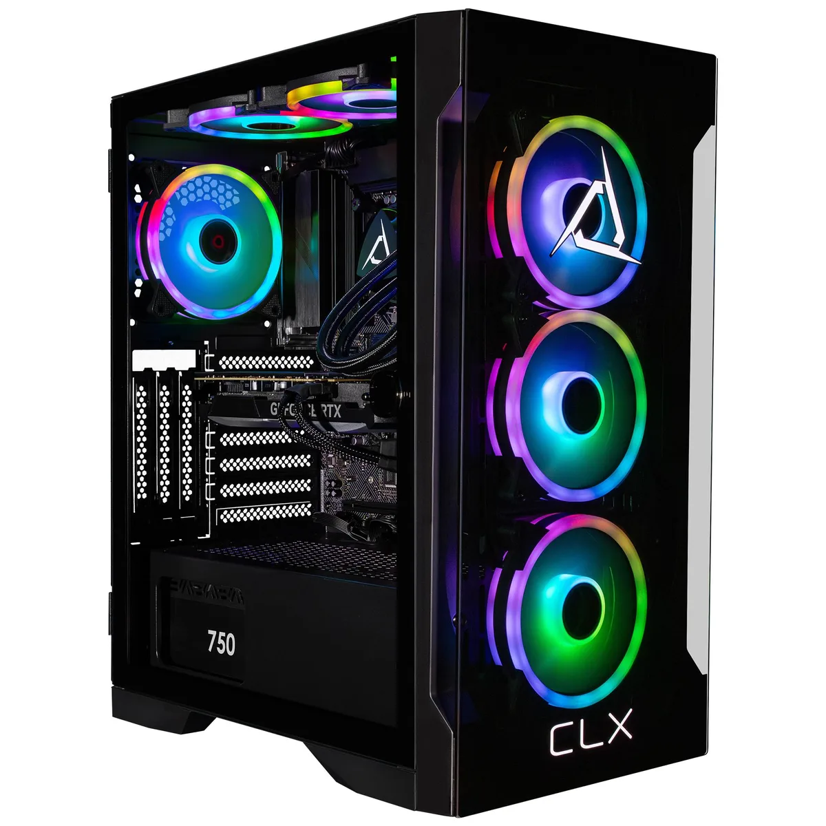 Black mid-tower gaming desktop with liquid CPU cooling