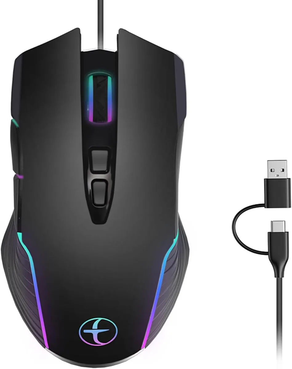 AUTYUE AUTYUE Wired Gaming Mouse Jiggler 7200 DPI RGB 7 Button USB-C USB-A 5.9ft Cable Black — fotografia produktu