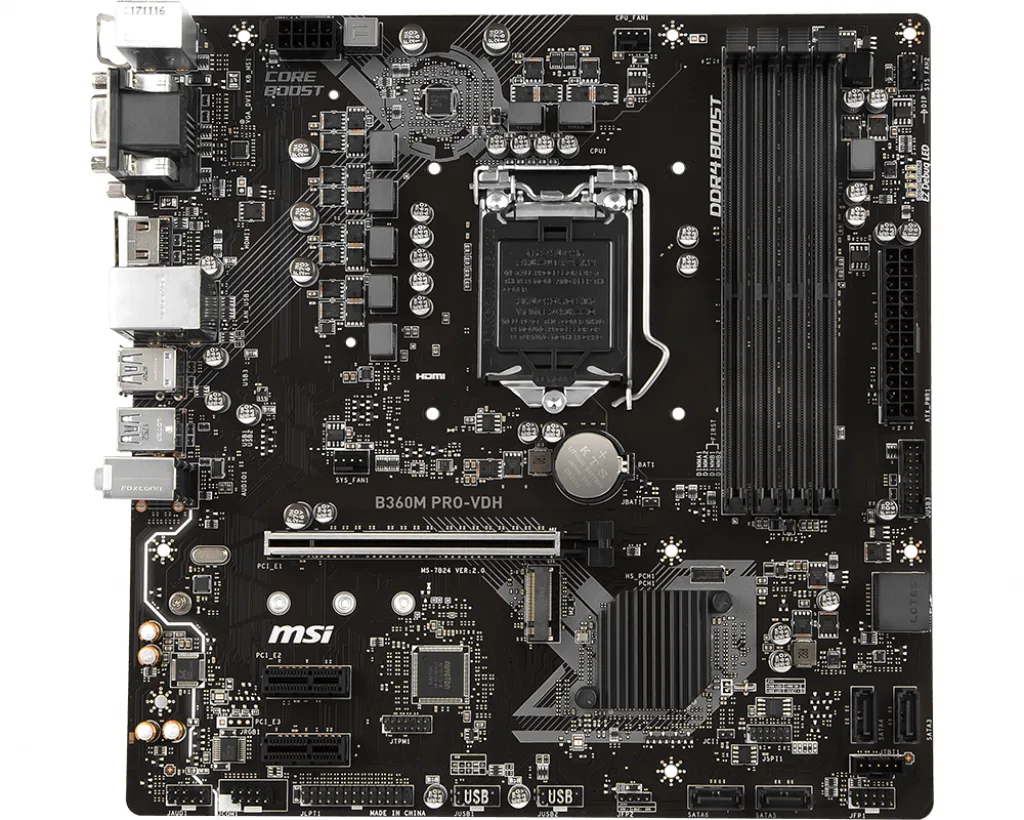 Green rectangular Micro ATX board with silver socket and black slots, I/O shield beside it