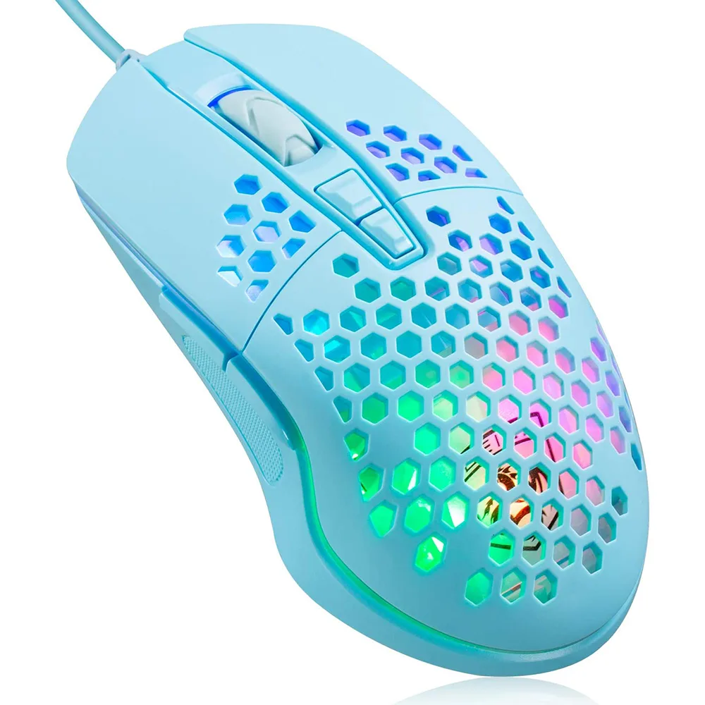 Blue wired gaming mouse with ultralight honeycomb shell, 78g, RGB lighting, 7 buttons