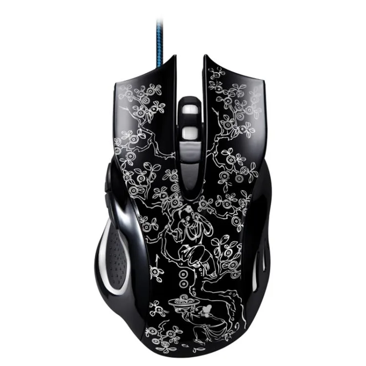 Black wired gaming mouse with LED backlight and textured scroll wheel