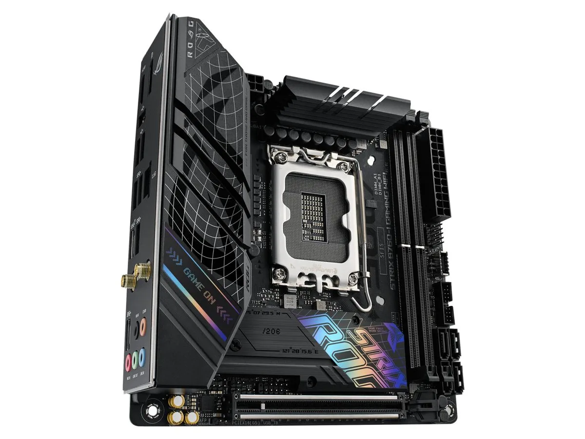 Mini-ITX motherboard with black heatsinks, silver I/O shield and two M.2 slots