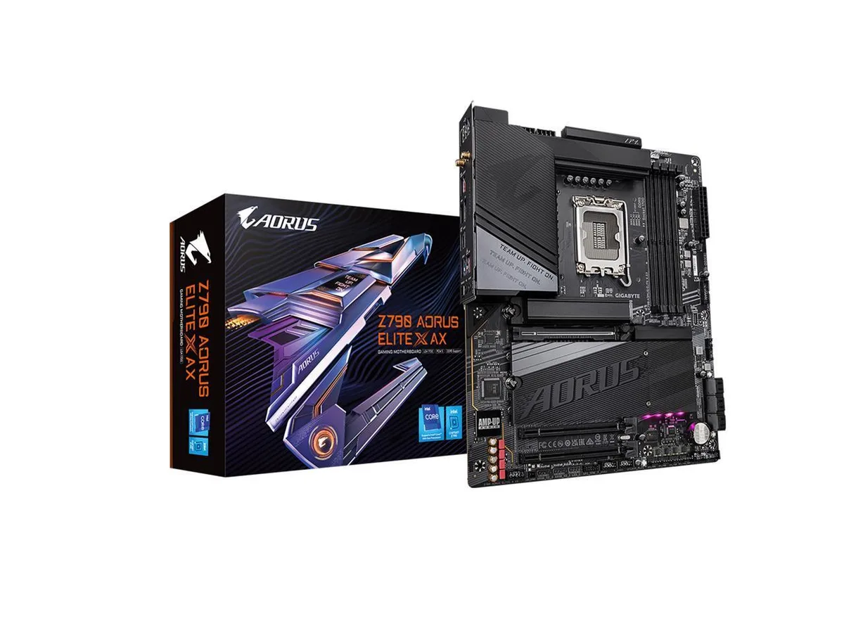 Rectangular ATX board, dark grey VRM heatsinks, silver M.2 shields, black PCB