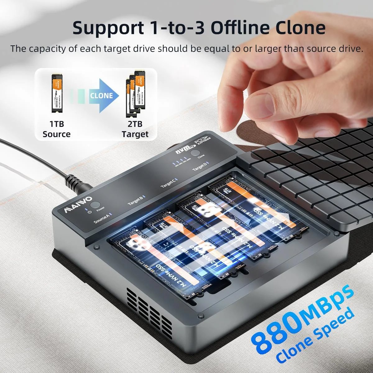 MAIWO MAIWO 4 Bay M.2 NVMe Drive Enclosure USB4 40Gbps SoftRAID Fan Grey — product photo