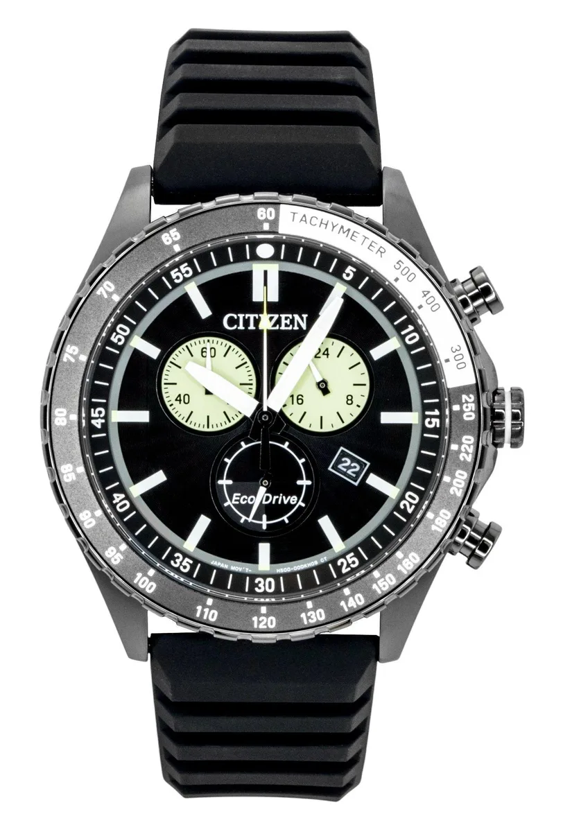 Citizen Citizen Eco-Drive Chronograph AT2565-05E 43mm Black Dial Silicone Strap 100M Solar Watch — product photo