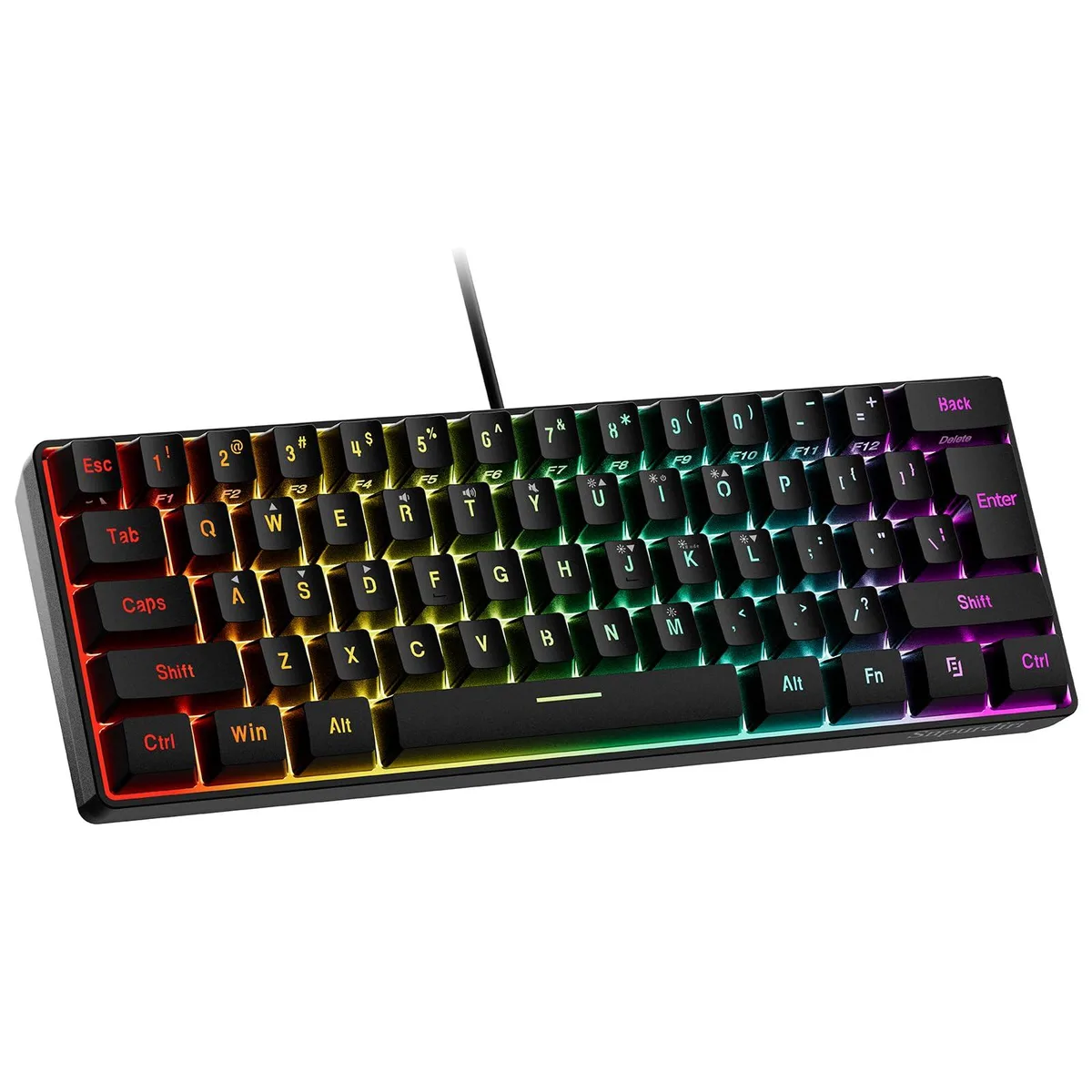 Compact black 61-key RGB wired gaming keyboard with cyan blue switches