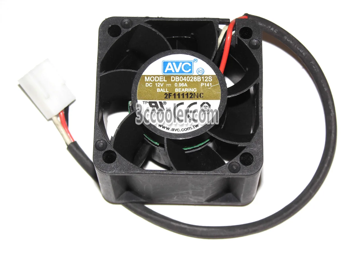 Small black 40 by 28 millimetre fan with three wires and three pins