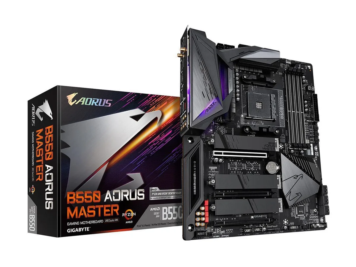 ATX motherboard with black and silver heatsinks, RGB lighting zones, and pre-installed I/O shield