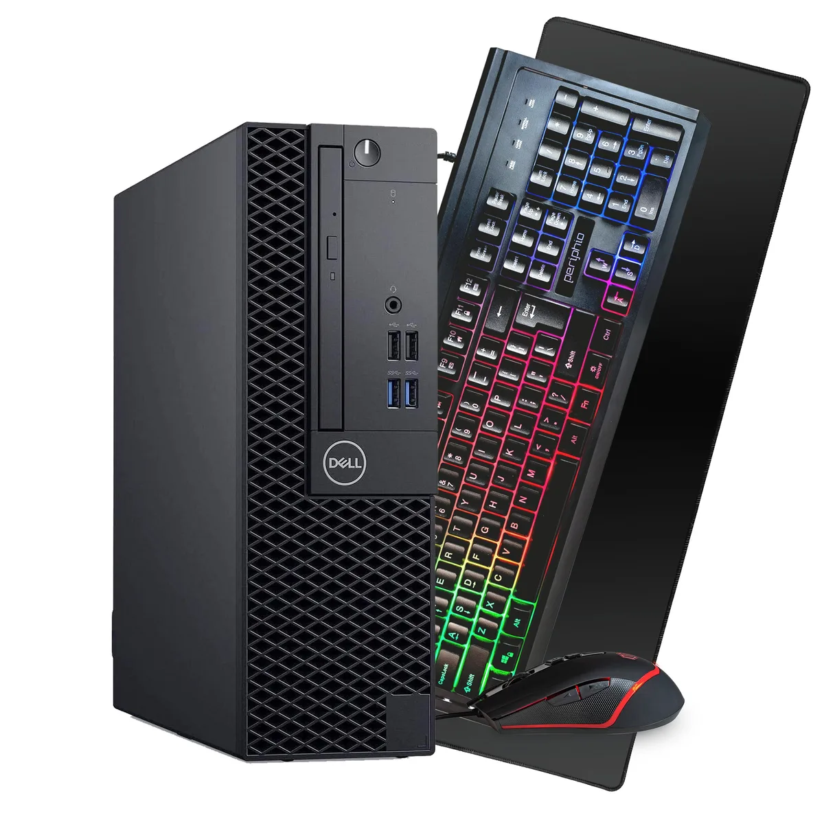 Black Dell OptiPlex 3060 desktop tower with wired keyboard and mouse