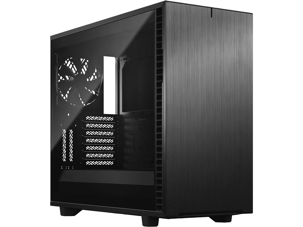 Black mid-tower case with brushed aluminium front panel and dark tinted tempered glass side window