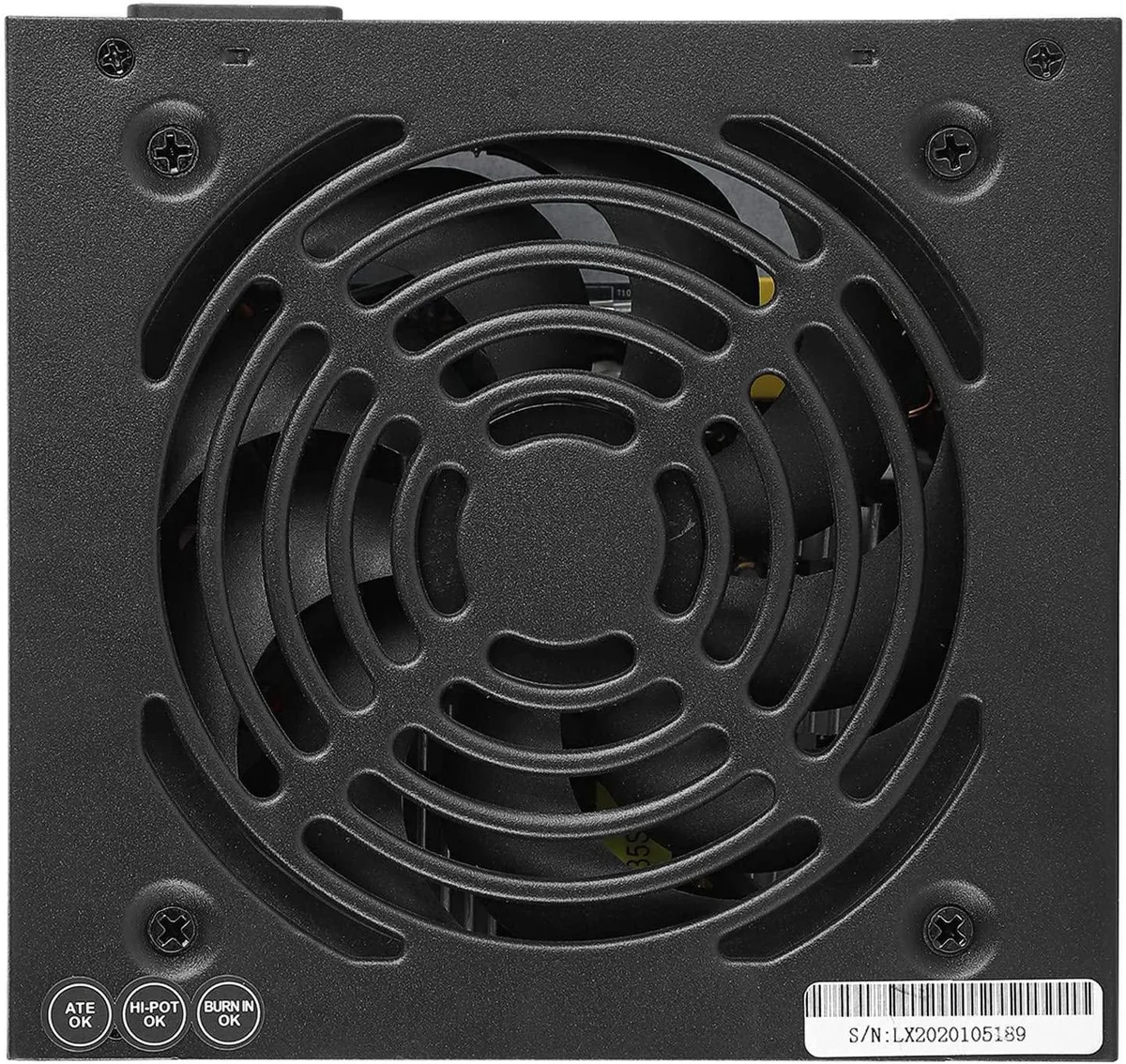 Silver rectangular ATX power supply unit with rear fan grill and 1.1m British plug cable