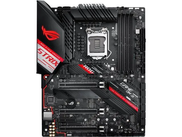 ATX motherboard with black PCB and red accents, metal VRM heatsinks, two M.2 shields, rear I/O shield attached