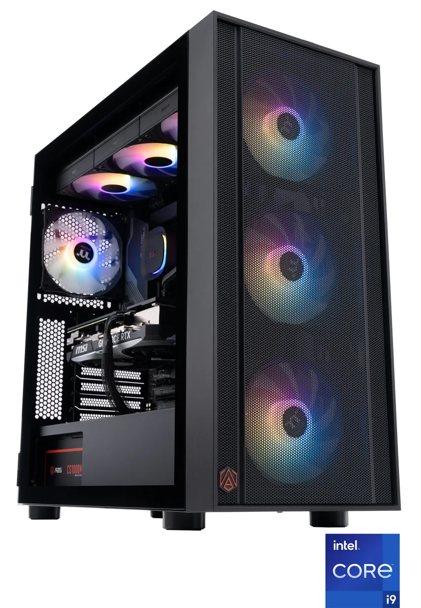 Black mid-tower gaming desktop with RGB memory and liquid cooler visible through side panel