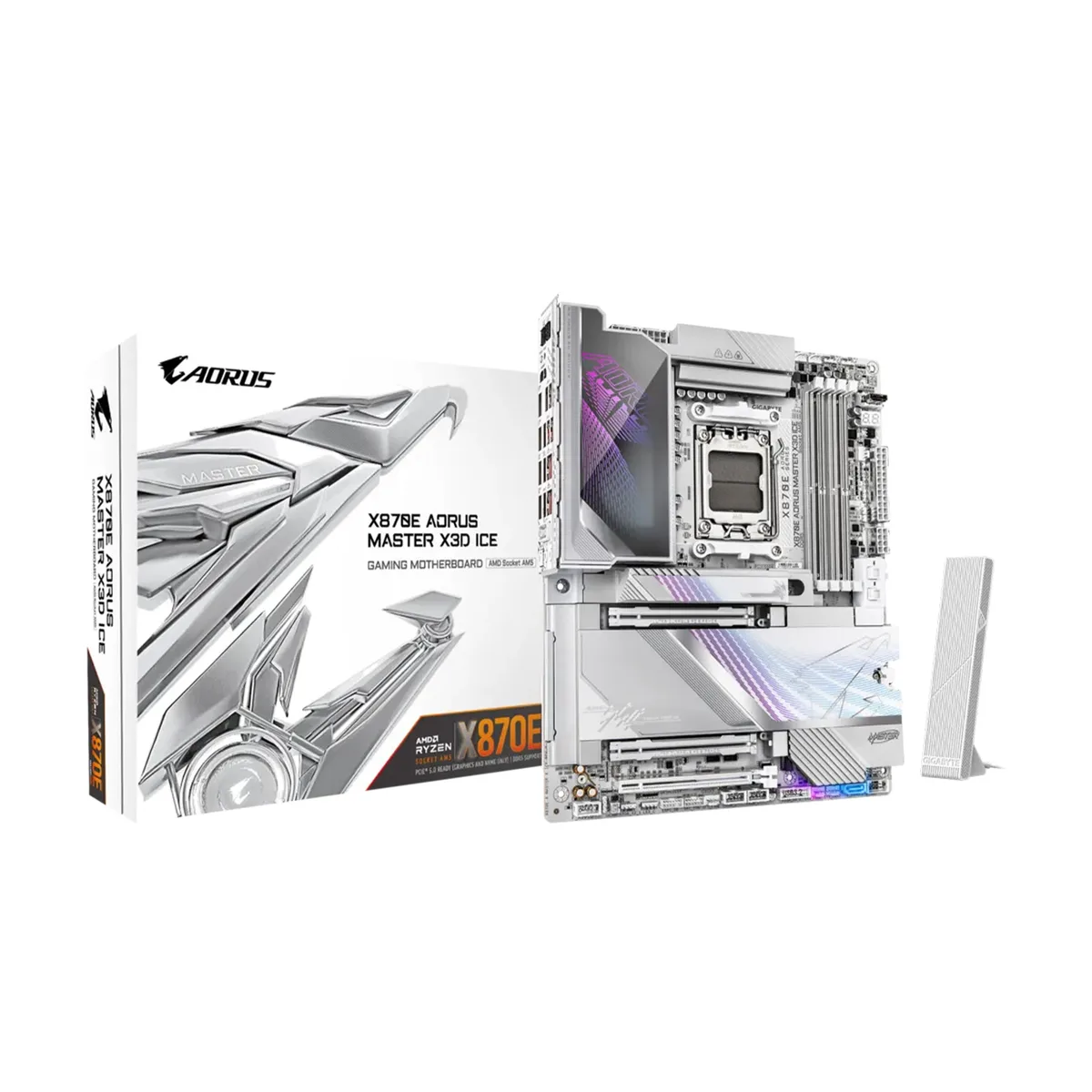 White ATX motherboard with silver heatsinks and integrated rear I/O shield