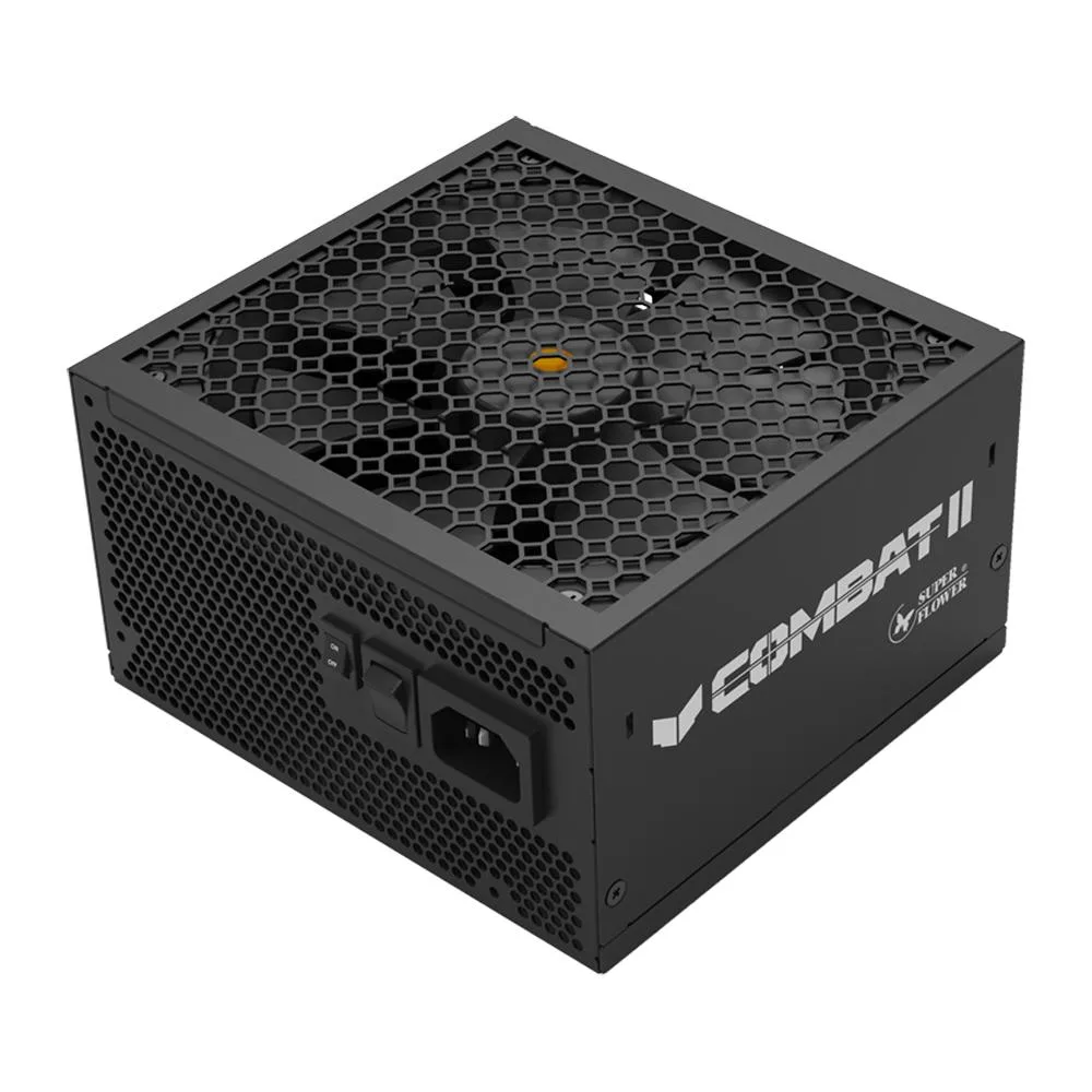 Black rectangular ATX power supply with embossed ribbon cables and 135 mm fan
