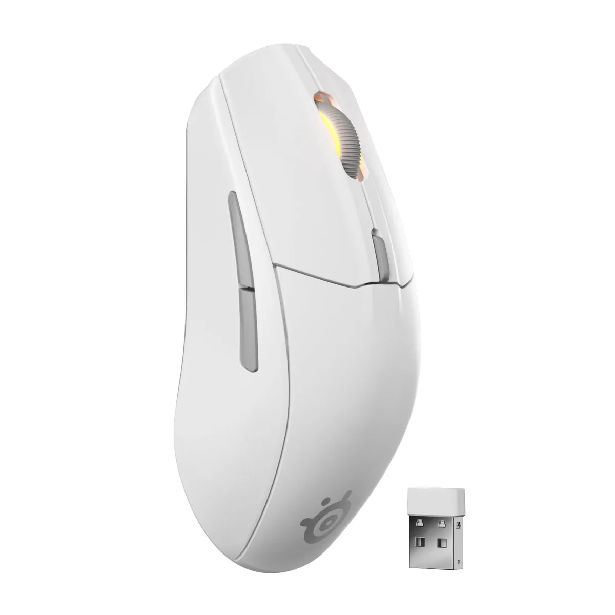 White right-handed gaming mouse with five buttons and a matte finish