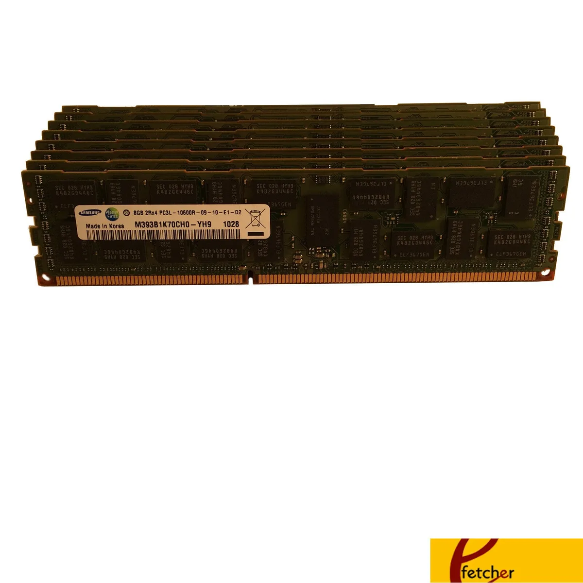 Six green DDR3 RDIMM modules with gold contacts in static bag