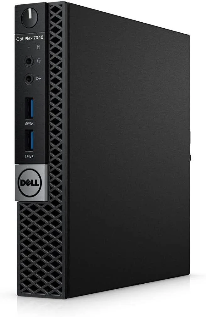 Small black micro tower desktop, compact rectangular shape, matte finish, front power button and ports visible