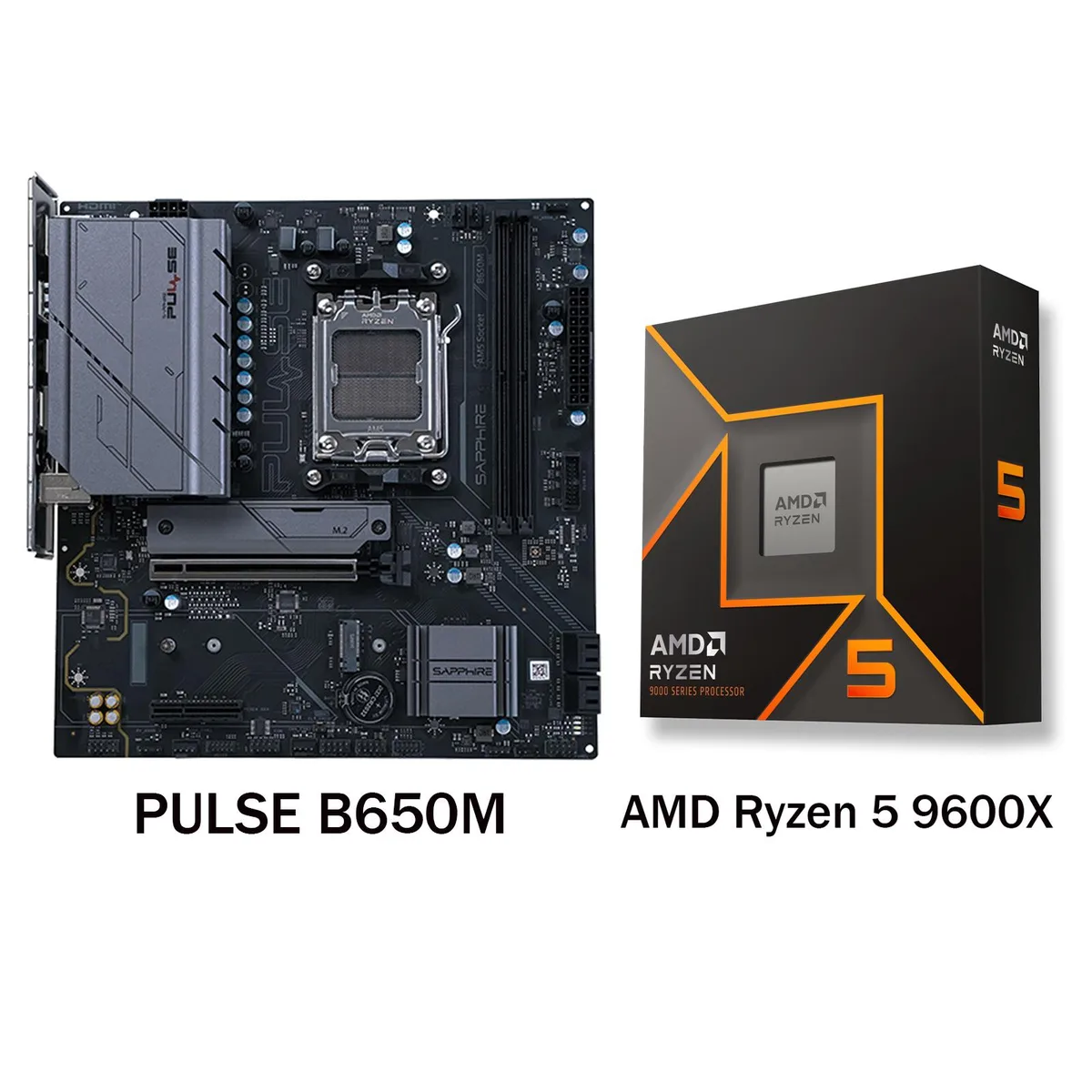 Sapphire PULSE B650M micro-ATX motherboard with Ryzen 5 9600X CPU in box