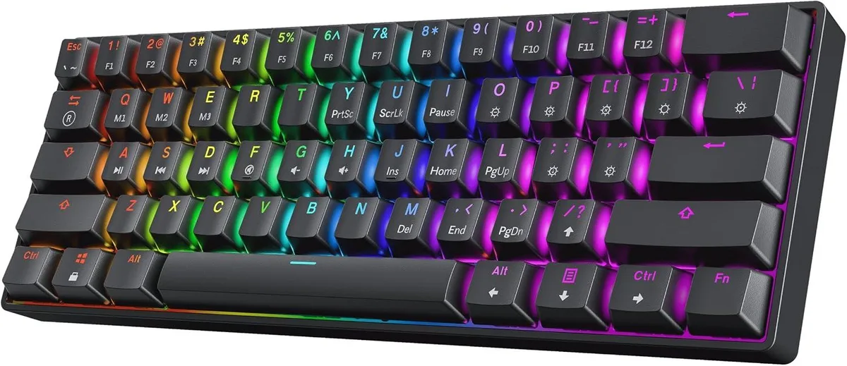 Compact 60% mechanical keyboard in black with yellow linear switches and RGB backlighting