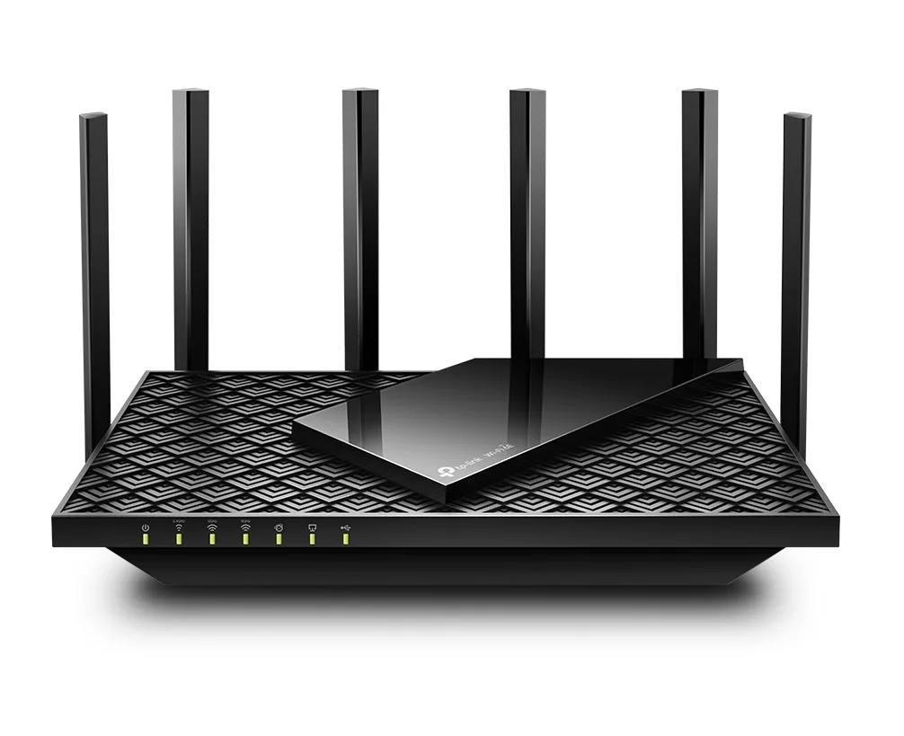 Black rectangular router with six external antennas and front LED indicators