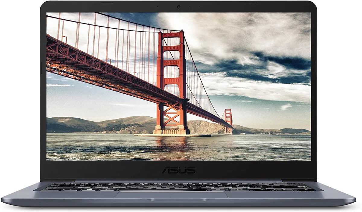 Slate gray 14 inch thin laptop with matte display and chiclet keyboard