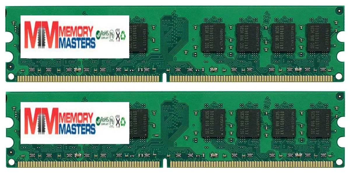 Two green DDR2 DIMM modules with black chips and gold contacts