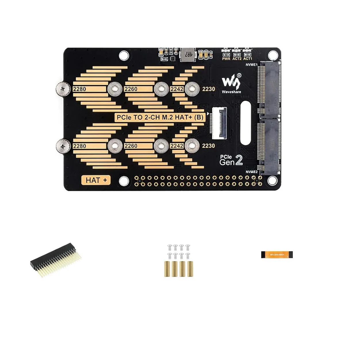 Green circuit board with two M.2 slots and a 16-pin ribbon cable