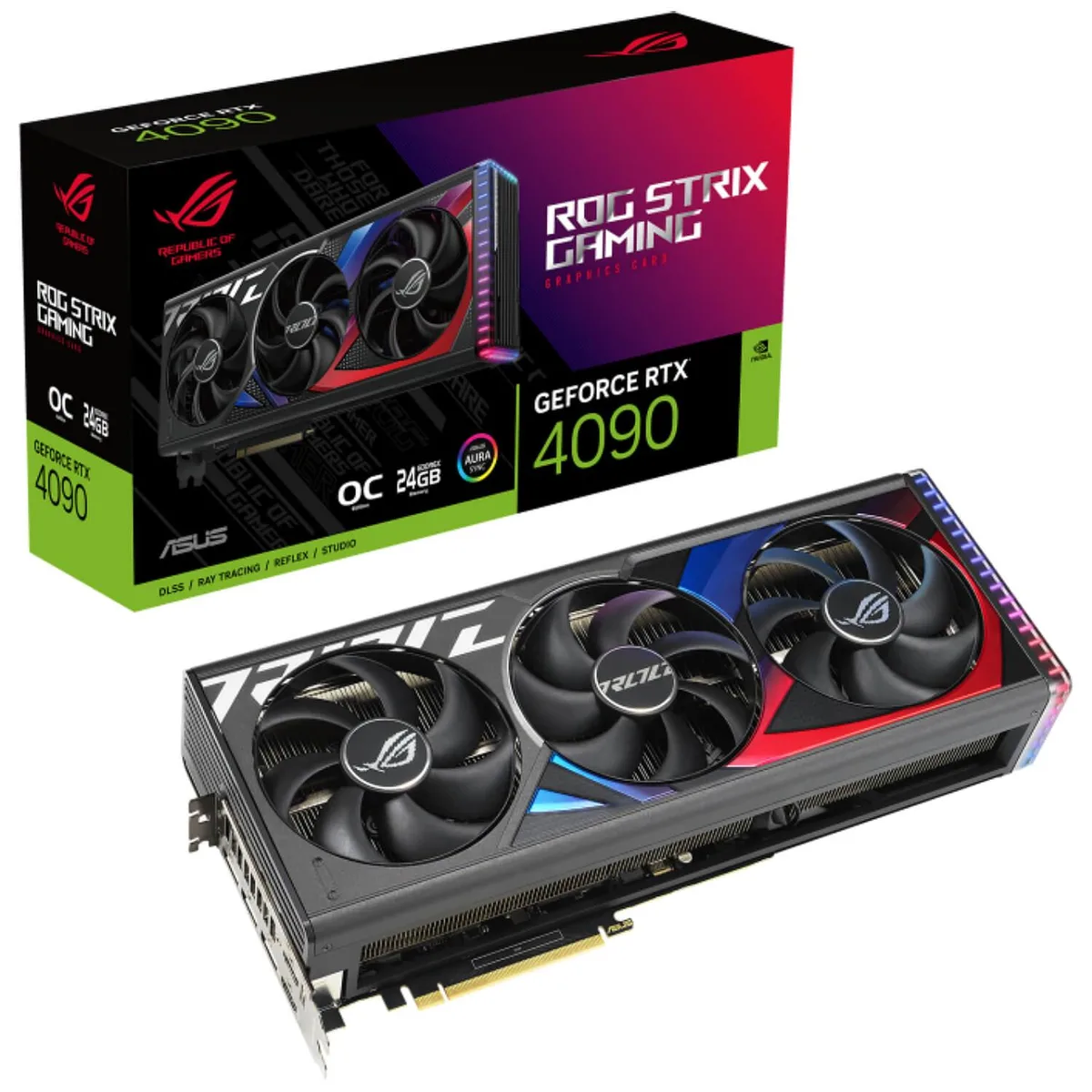 Large triple-fan graphics card with metallic silver shroud and RGB lighting accents