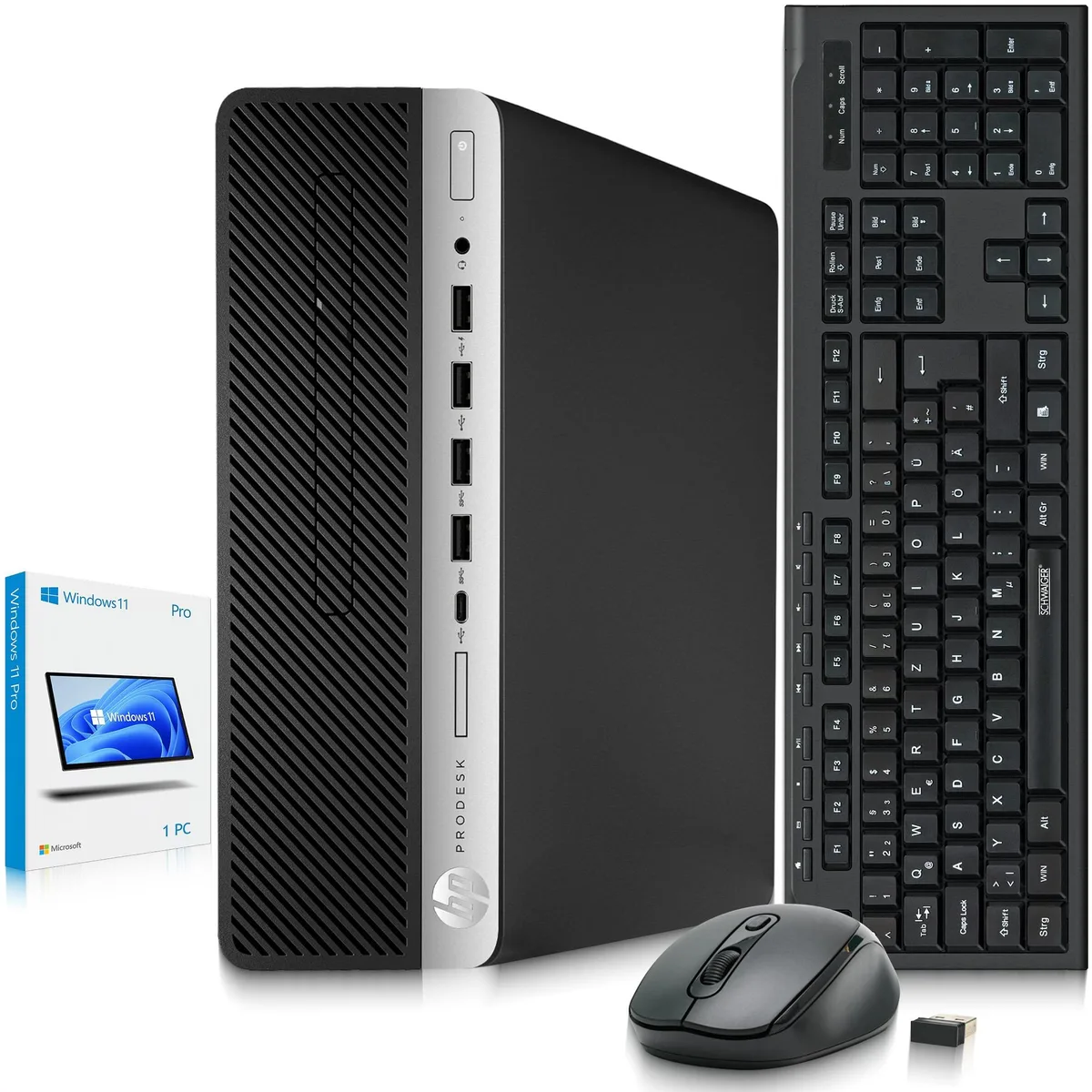 Small black HP ProDesk 600 G5 desktop tower with wireless keyboard and mouse