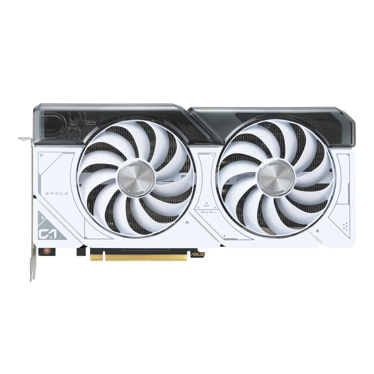 White dual-fan graphics card with silver backplate, 2.56-slot thickness