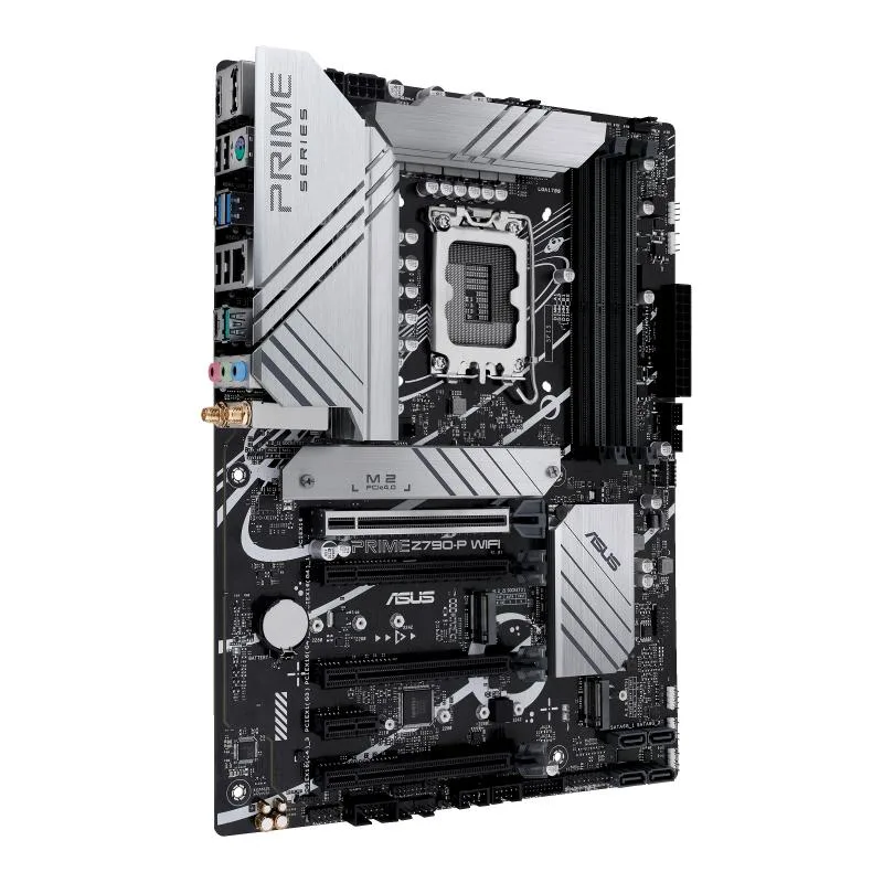 ATX motherboard with black PCB, silver heatsinks and rear I/O shield